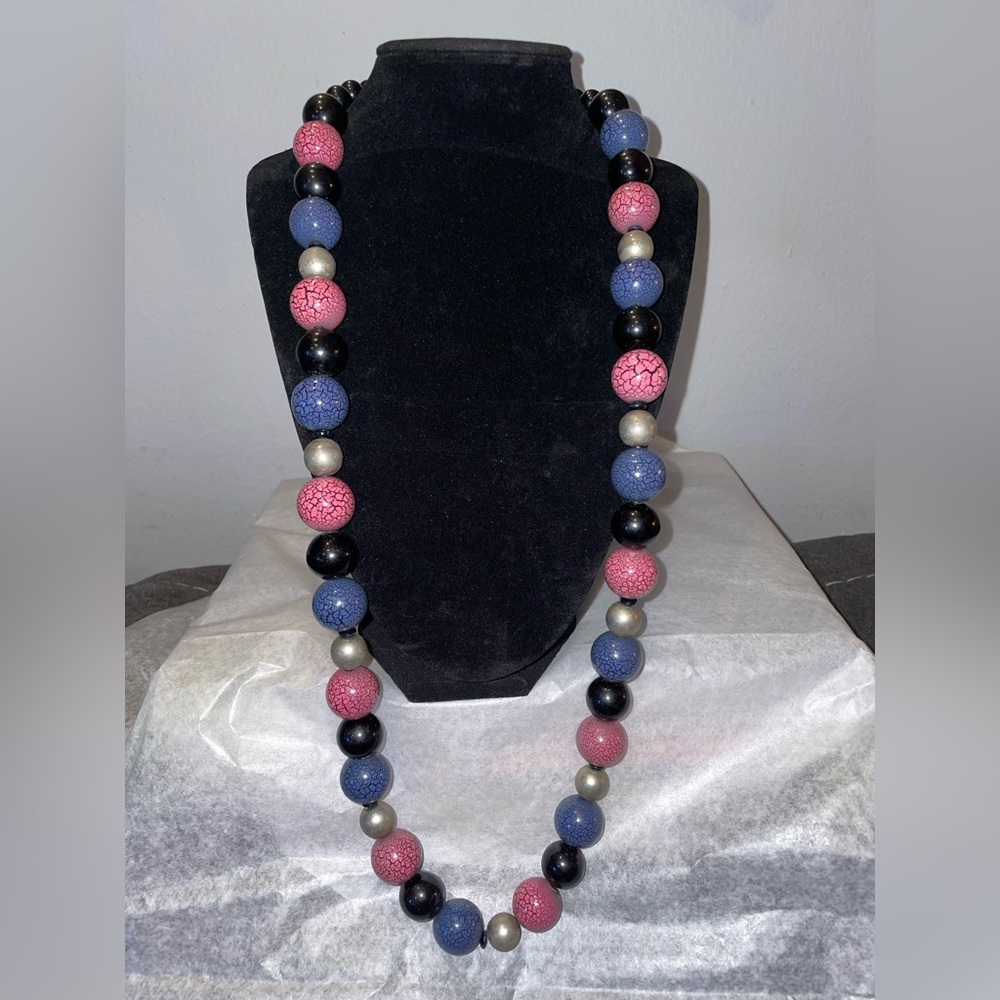 Vintage Plastic Blue Pink Black Bead Necklace